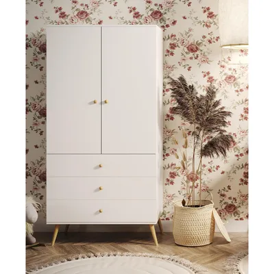Produktbild von NATURA Kleiderschrank 100cm (3 Schubladen + Kleiderstange) Weiß Matt Boho Echtholz Buche Soft-Close