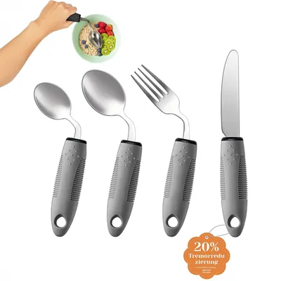 A hand is shown using adaptive cutlery to eat from a bowl of cereal and fruit. Several pieces of adaptive cutlery are displayed.