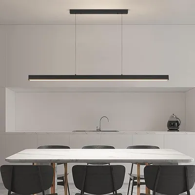 Image de Suspension pour table à manger, 100 cm, noire, à intensité variable avec télécommande. Lampe suspendue, hauteur réglable. Lampe linéaire pour table à manger, suspendue, avec intensité variable de 10% à 100%, idéale pour salle à manger, bureau, cuisine