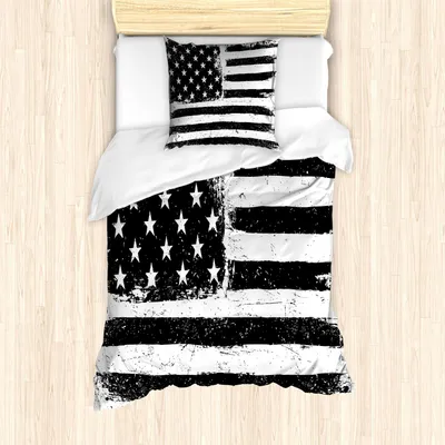 Produktbild von ABAKUHAUS Vereinigte Staaten Bettbezug Set, Grunge im Alter von schwarz und weiß amerikanische Flagge Unabhängigkeit Unabhängigkeitstag Design, 135 x 200 cm + 80 x 80 cm, Weiß Schwarz