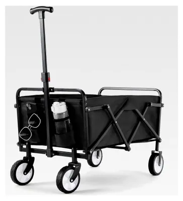 Produktbild von Faltbarer Bollerwagen mit All-Terrain-Rädern, Gartenwagen mit Getränkehalter und verstellbarem Griff, klappbarer Transportwagen für Strand, Garten, Einkäufe und Camping (Schwarz)