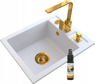 Immagine prodotto di Granitan | Lavello in granito - Lavello a 1 scomparto - 50x40 cm - Bianco - con rubinetto da cucina Golden, dosatore di sapone e sifone - BEST