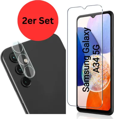 Produktbild von CLM-Tech 2er Set Displayschutzfolie kompatibel mit Samsung Galaxy A34 5G - 1X Panzerfolie + 1X Kameraschutz Kameraglas Panzerglas Crystal Clear Displayschutz 9H Glas Displayfolie Schutzglas Folie kristallklar