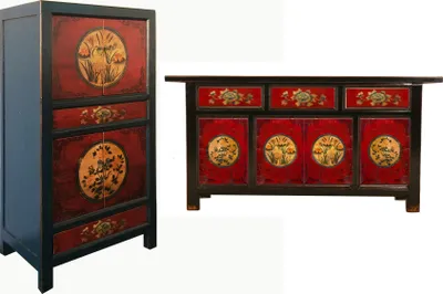 Produktbild von Chinesische Möbel Kombination/Set, Asia Möbel Wohn-Schlaf-Zimmer Shabby Chic Vintage rot-schwarz Sideboard Kommode Lowboard mit passendem Schrank Hochzeitsschrank asiatisch orientalisch fernöstlich Landhaus-Stil