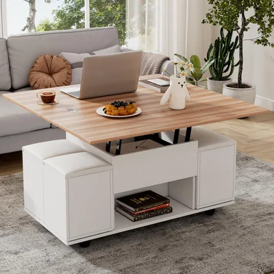 Produktbild von Couchtisch höhenverstellbar 100 × 50 × 48 cm, 3-in-1 Wohnzimmertisch mit Lift-Top, ausklappbarer Tischplatte, Stauraum, Rollen und 4 Hockern, Weiß/Nat
