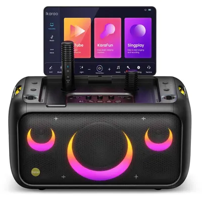 A karaoke machine with a built-in screen and microphones.