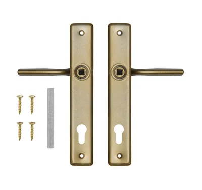A pair of door handles with screws and a metal strip on a white background.