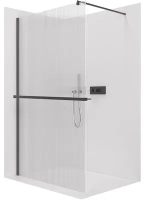 Productafbeelding van Douchewand Walk-in Onyx Round L/P - 8 mm + plank/handdoekhouder - ronde steun - mat zwart, geribbeld glas - 160x200 cm