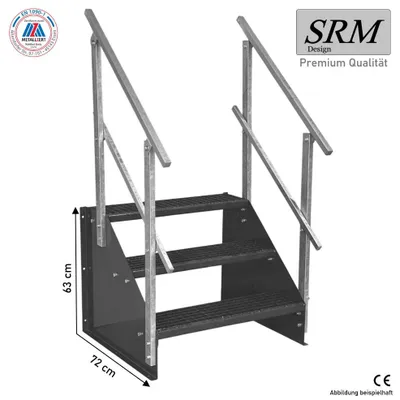 Immagine prodotto di Scala a 3 gradini, larghezza 120 cm, altezza gradini 63 cm, autoportante, completamente in antracite, con 2 ringhiere