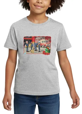 Produktbild von Spreadshirt Grisu Der Kleine Drache Mit Feuerwehr Und Hund Stuffy Kinder T-Shirt, 110/116 (5-6 Jahre), Grau meliert