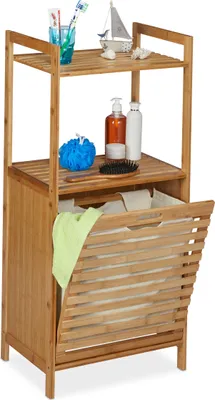 Produktbild von Relaxdays Wäscheschrank mit Wäschekorb, Bambus Badregal mit ausklappbarem Wäschesammler, HBT 100 x 45,5 x 33,5 cm, natur