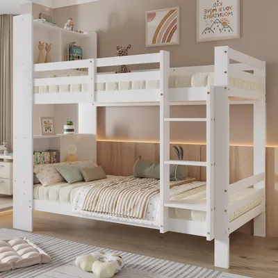 A white wooden bunk bed with bedding and pillows in a child's bedroom.