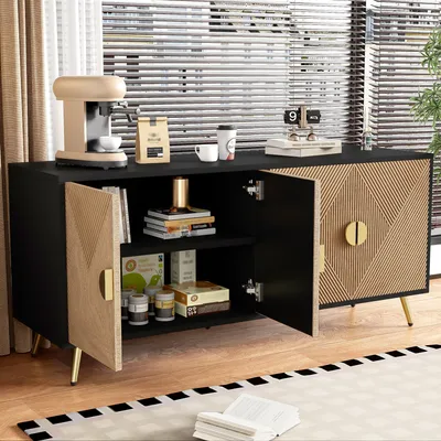 Image de Commodes AIORBER, 4 portes, avec portes en bois structuré, grand espace de rangement, poignées dorées, sideboard, pour salon, salle à manger, 160x40x75 cm, noir