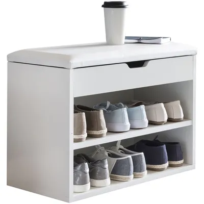 Produktbild von Schuhbank mit Sitzfläche Weiß Garderoben-Bank Holz 60 x 40 x 30 cm, Holzbank klein gepolstert, Sitzbank schmal Flur mit Stauraum, Truhenbank Schuhtruhe Flurmöbel