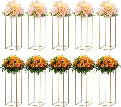Produktbild von 10er Set Bodenvasen - Metall Blumenständer Vase - Geometrische Säulen - 80 cm Höhe - Eisen & Kunststoff - Gold
