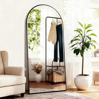 Zdjęcie produktu dla Lustro stojące, 165x60 cm, z hartowanego szkła, czarne. Możliwość montażu na ścianie lub ustawienia jako lustro stojące