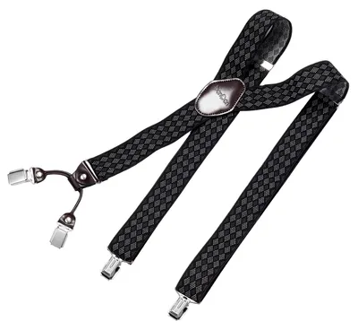 Produktbild von DonDon Herren Hosenträger 3,5 cm breit 4 Clips mit braunem Leder in Y-Form elastisch und längenverstellbar - Rauten schwarz grau weiß