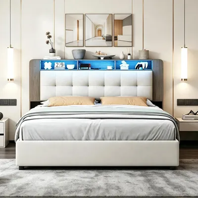 Produktbild von INONEFT Boxspringbett 160×200 mit LED und Kabelloses Laden,Polsterbett,Hydraulische Stauraumbett Jugendbett mit Lattenrost und Bettkasten, Samt,Beige.