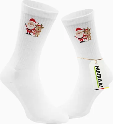 Produktbild von Huuraa Uni Socken Weihnachtsmann Rudolph und Schneemann 42/46 White Baumwolle Tennissocken Geschenkidee