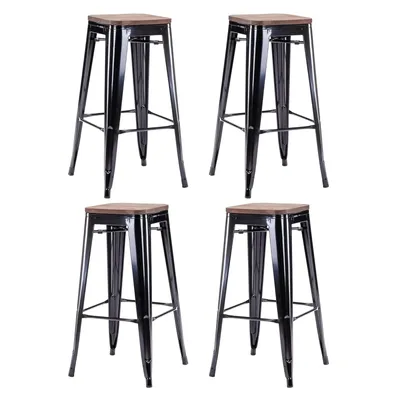 Produktbild von 4x Stuhl Hocker Metall Farbwahl Used Look Sitzfläche Holz Barhocker stapelbar, Farbe:Schwarz+Dunkles Holz , Material:Metall