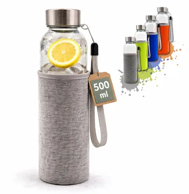 Trinkflasche aus Glas 500 ml mit Neoprenhülle, grau
