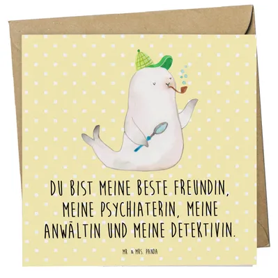 Produktbild von Mr. & Mrs. Panda Grußkarte Robbe Sherlock - Gelb Pastell - Geschenk, Lustige Sprüche, Glückwunschkarte, anlasskarte, Klappkarte, faltkarte, doppelkarte