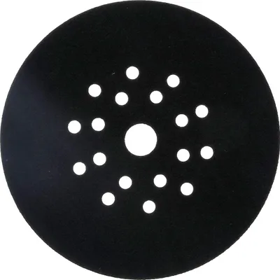 A black circular sanding disc with multiple holes is shown against a white background.