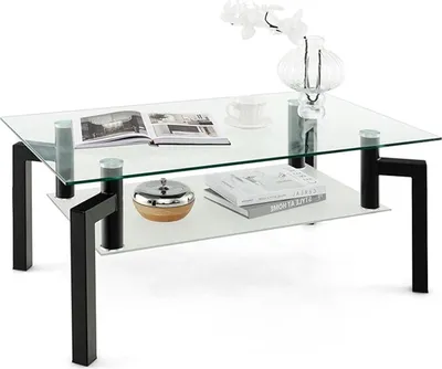 Produktbild von Rechteckiger Couchtisch mit Hartglasplatte, Beistelltisch mit 2 Ebenen und Metallrohrbeinen, elegantes Design, 100 x 60 x 43 cm, Schwarz