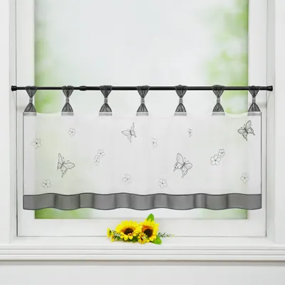 Produktbild von Joyswahl Scheibengardinen Bistrogardine mit Schlaufen modern Küche Kurzgardinen mit Schmetterling-Stickerei Transparent Weiß Grau HxB 45x120 cm