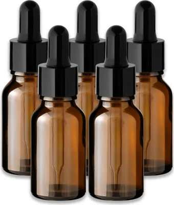 Produktbild von 5x Braune Glasflasche 15 ml mit schwarzer Pipette Tropfer leer 18 mm
