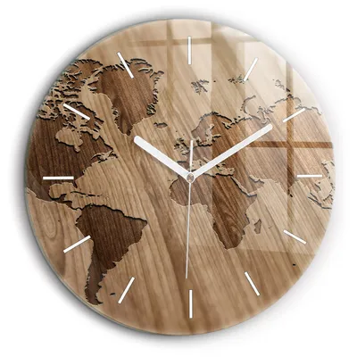 Produktbild von Wallfluent Große Wanduhr – Stilles Quarzuhrwerk - Uhr Dekoration Wohnzimmer Schlafzimmer Küche - Zifferblatt mit Striche - weiße Zeiger - 60 cm - Weltkarte auf Holz