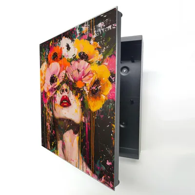 Produktbild von Schlüsselkasten Schwarz Metall, bunte Frau Blumen Abstrakt Motiv hinter Glas, Moderne Schlüsselbox linksöffnend, 32x28x6,5 cm, 20 Haken für den Flur.