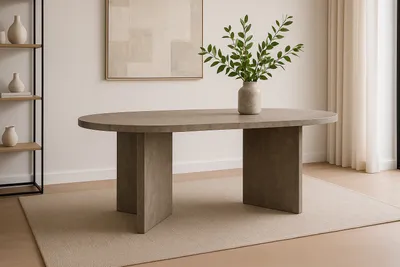 Produktbild von Esstisch oval mit geraden Kanten 160x90 cm Holz Graue-Optik Tischbeine V-Form OVI