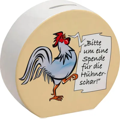 Produktbild von Spardose mit Hahn Motiv in blau zum Thema Trinkgeld und lustigem Spruch