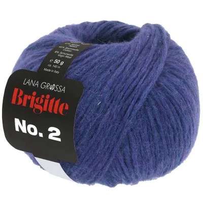 A ball of blue-purple yarn with a label attached.
