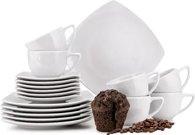 Obrázek produktu pro Kávový servis Konsimo pro 6 osob (18 ks) "CARLINA", bílý, italský porcelán, 19x19/14x14/180ml