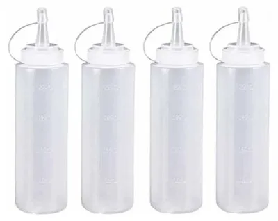 Immagine prodotto di Set da 4 - 200 ml - flacone dosatore - flacone a pressione - flacone per salse - flacone per guarnizioni - plastica - bianco - con tappo - a prova di perdite - con tappi - per guarnizioni, salse o condimenti