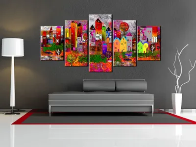 Produktbild von Akustikbild Stadt bunt 200x100 cm Bilder Akustikschaum Hochleistungsschallabsorber Schallschutz Leinwand 5 tlg Wandbild Raumakustik Schalldämmung d-A-0052-b-m