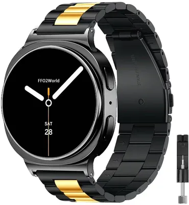 Produktbild von FFO2World Edelstahl-Gliederarmband „Classic“ – Passend für Galaxy Watch 8 (40/44 mm) / 8 Classic (46 mm) – Mit Kürzungsset – Schwarz/Gold