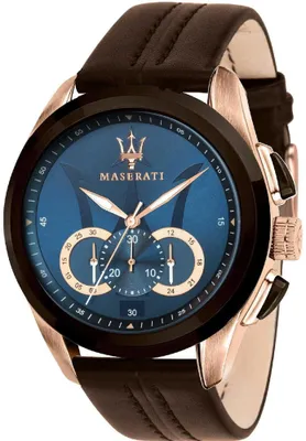 A close-up studio shot of a Maserati men's chronograph watch with a blue dial and brown leather strap.