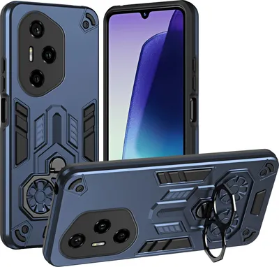Produktbild von Hülle für Honor 300 Pro/Honor 300 Ultra Dual Layer PC TPU Militärqualität Stoßfest Rüstung Handyhülle mit Ring Metall Ständer Blau