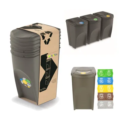 Immagine prodotto di Set di 3 bidoni per la raccolta differenziata - Set di bidoni per la raccolta differenziata 3x35L in colore grigio pietra per l'impilamento Compatto, modulare e leggero Semplice differenziazione dei rifiuti domestici Plastica
