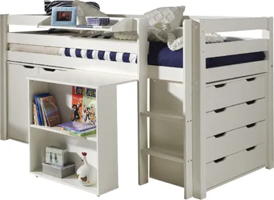 Produktbild von Vipack Spielbett Pino mit Schreibtisch, Schubladenkommde und Kommode 2-trg. - Bett Kiefer massiv, Beimöbel MDF weiß lackiert, Maße: 210 cm x 114 cm x 106 cm; PICOHSBUKSKD14