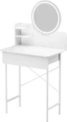 A white vanity table with a round LED mirror and shelves.