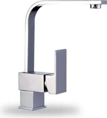 A silver kitchen faucet on a white background.