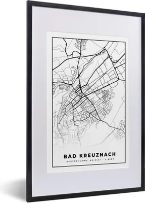 Produktbild von MuchoWow® Gerahmtes Poster Karte - Stadtplan von Bad Kreuznach - Stadtplan 40x60 cm - Poster mit Schwarzem Bilderrahmen Wandposter Rahmen Foto Bilder - Poster in Rahmen