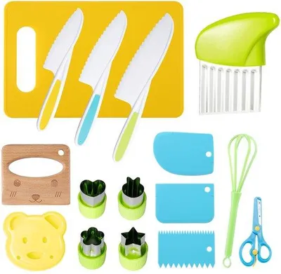 Produktbild von Ibenzoa® 16-teiliges Kindermesserset – sicheres, BPA-freies Küchen-Set für Kleinkinder mit 6 Kindermessern, Holzmesser, Schneidebrett, Schneebesen & Backform