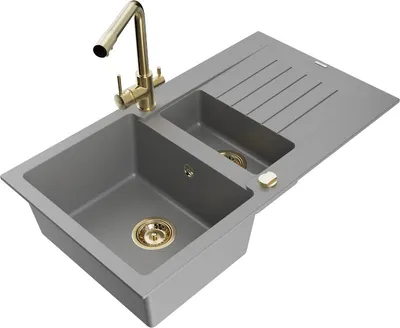 Produktbild von Mexen Matias 1,5-Becken-Granitspüle mit Abtropffläche und Mischbatterie Duero, Grau - 6502-71-671600-50