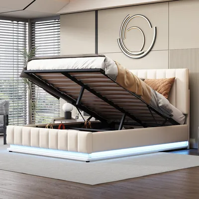 A modern bedroom with a bed that has its storage compartment open, revealing the mattress and slatted base. The bed has LED lighting around its base.