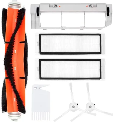 A collection of robot vacuum cleaner replacement parts laid out on a white background.